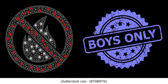 Bright mesh network forbidden fire with light spots, and Boys Only dirty rosette seal imitation. Illuminated vector model created from forbidden fire icon.