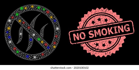 Bright mesh network forbidden flavors with glowing spots, and No Smoking unclean rosette stamp seal. Illuminated vector mesh created from forbidden flavors pictogram.