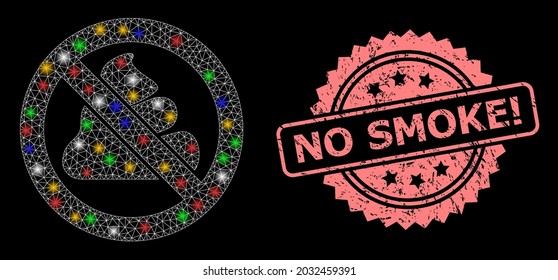 Bright mesh network forbidden shit with bright dots, and No Smoke Attention corroded rosette seal. Illuminated vector structure created from forbidden shit pictogram.
