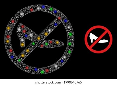 Bright mesh network forbidden shoes with colorful bright dots. Illuminated vector framework created from forbidden shoes pictogram. Sparkle constellation mesh forbidden shoes, on a black backgound.