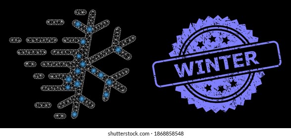 Bright mesh network frost snowflake with lightspots, and Winter corroded rosette stamp seal. Illuminated vector model created from frost snowflake icon. Blue seal has Winter caption inside rosette.