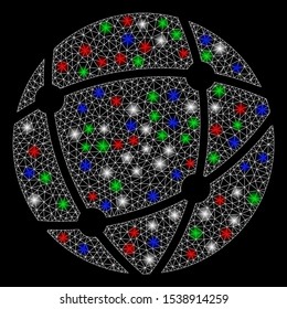 Bright mesh network with glow effect. White wire carcass polygonal mesh in vector format on a black background. Abstract 2d mesh created from polygonal grid, spheric points, colorful glare spots.