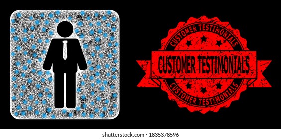 Bright mesh network groom with glowing spots, and Customer Testimonials rubber ribbon stamp. Red stamp seal contains Customer Testimonials tag inside ribbon.