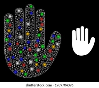 Bright mesh network hand palm with multi colored flash nodes. Constellation vector mesh created from hand palm pictogram. Sparkle constellation mesh hand palm, on a black backgound.