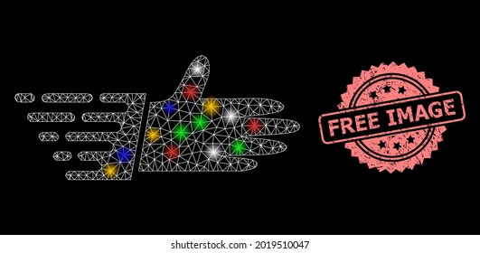 Bright mesh network hand palm with bright dots, and Free Image rubber rosette seal. Illuminated vector constellation created from hand palm symbol. Pink seal contains Free Image tag inside rosette.