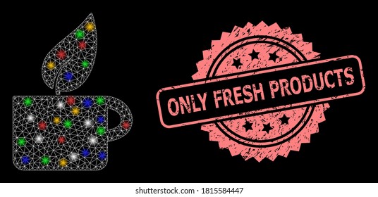 Té de hierbas de red de malla brillante con manchas claras, y sello de sello de rosette texturizado de Only Fresh Products. Malla vectorial iluminada creada a partir del símbolo de té herbal.