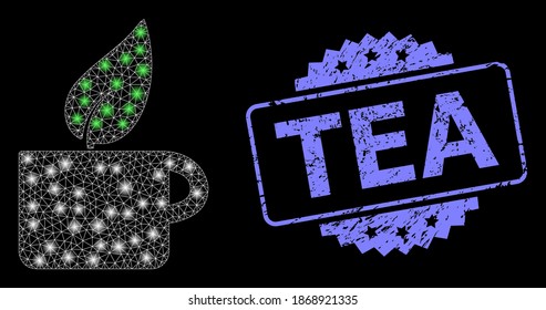 Bright mesh network herbal tea with lightspots, and Tea dirty rosette stamp seal. Illuminated vector constellation created from herbal tea icon. Blue stamp seal has Tea text inside rosette.