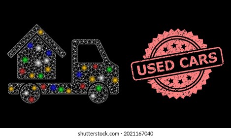 Bright mesh network house trailer with bright dots, and Used Cars corroded rosette seal imitation. Illuminated vector mesh created from house trailer symbol.