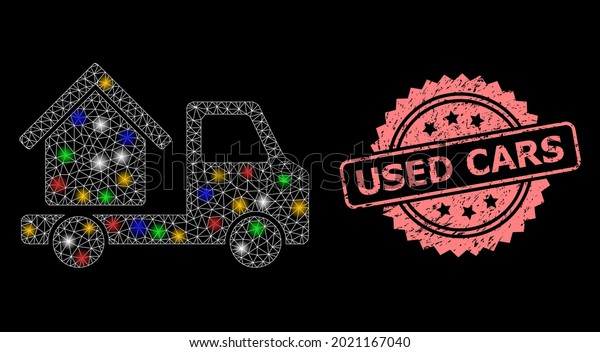 Bright mesh network house trailer with\
bright dots, and Used Cars corroded rosette seal imitation.\
Illuminated vector mesh created from house trailer\
symbol.