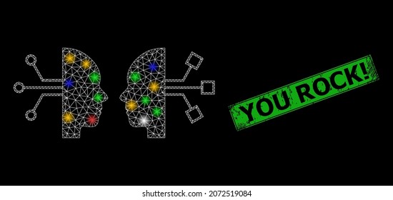Bright mesh network human network interface with multicolored light spots, and grunge You Rock seal stamp. Green stamp seal contains You Rock caption inside framed rectangle.