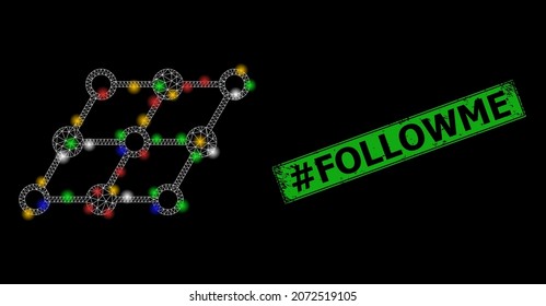 Bright mesh network inclined grid with colored flash nodes, and grunge hashtag Followme badge. Green stamp has hashtag Followme caption inside framed rectangle.