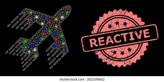 Bright mesh network jet plane with light spots, and Reactive textured rosette stamp seal. Illuminated vector constellation created from jet plane icon.