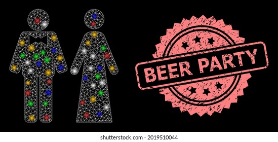 Bright mesh network just married persons with flash nodes, and Beer Party corroded rosette stamp seal. Illuminated vector constellation created from just married persons icon.