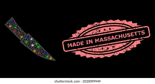 Bright mesh network knife with light spots, and Made in Massachusetts scratched rosette stamp seal. Illuminated vector constellation created from knife symbol.
