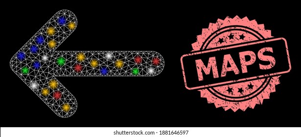 Bright mesh network left arrow with bright dots, and Maps textured rosette stamp. Illuminated vector model created from left arrow symbol. Pink stamp seal has Maps title inside rosette.