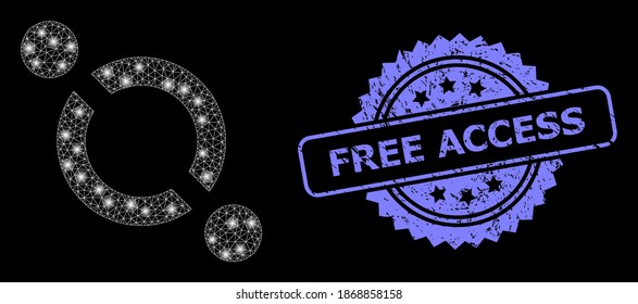 Enlace de red de malla brillante con puntos brillantes y sello de rosette impuro de acceso libre. Modelo vectorial iluminado creado a partir del icono de enlace. El sello azul tiene texto de acceso libre dentro de la rosette.