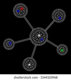 Bright mesh network links with lightspot effect. White wire carcass polygonal mesh in vector format on a black background. Abstract 2d mesh designed with polygonal grid, round dots,