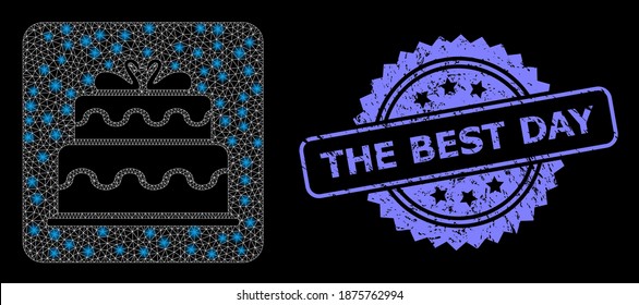 Bright mesh network marriage cake with lightspots, and The Best Day grunge rosette stamp seal. Illuminated vector model created from marriage cake icon.