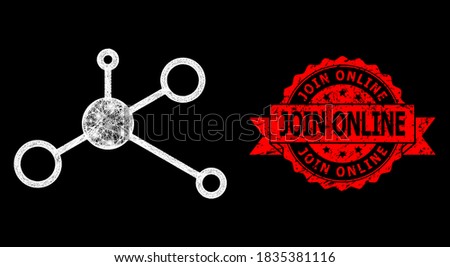 Bright mesh network masternode with glowing spots, and Join Online corroded ribbon stamp seal. Red stamp seal has Join Online text inside ribbon. Stock photo © 