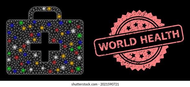 Estuche de kit médico de red de malla brillante con focos de luz y sello de marca de rosetón grunge de World Health. Estructura vectorial iluminada creada a partir del símbolo del estuche del kit médico.