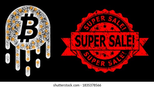 Bright mesh network melting bitcoin with glowing spots, and Super Sale! textured ribbon stamp seal. Red stamp has Super Sale! title inside ribbon.