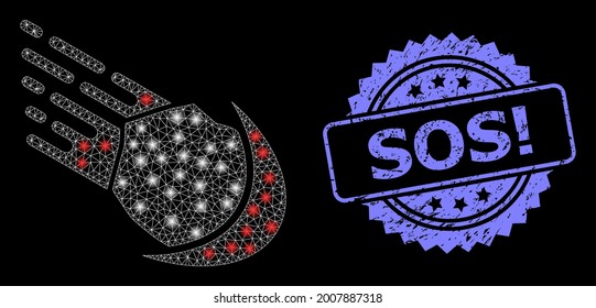 Bright mesh network meteor with lightspots, and Sos Exclamation rubber rosette stamp seal. Illuminated vector constellation created from meteor icon. Blue stamp seal contains Sos Exclamation caption