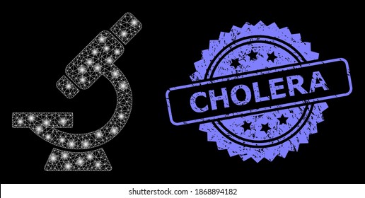 Bright mesh network microscope with light spots, and Cholera unclean rosette seal. Illuminated vector constellation created from microscope icon. Blue stamp seal includes Cholera tag inside rosette.