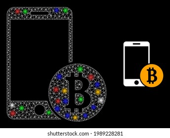 Bright mesh network mobile bitcoin payment with multi colored glowing spots. Illuminated vector carcass created from mobile bitcoin payment icon. Sparkle carcass mesh mobile bitcoin payment,