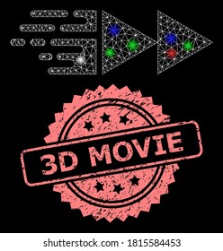 La red de malla brillante se mueve con manchas luminosas, y el sello de sello de rosetón grunge 3D Movie grunge. Estructura vectorial iluminada creada a partir del icono de movimiento. El sello rosado incluye el título de película 3D dentro de la roseta.