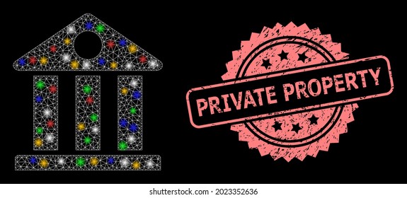 Helles Netz-Museum mit Leuchtpunkten und Private Property Grunge Rosette Robbenimitation. Illuminierte Vektorgitter aus Museumspiktogramm.