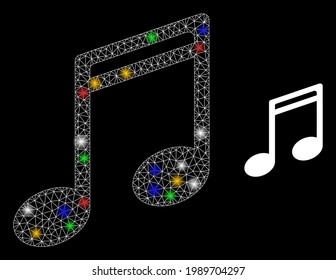 Helle, vernetzte Musiknoten mit farbigen Leuchtpunkten. Konstellation Vektornetz erstellt aus Musik Noten Symbol. Sparkle Konstellation maschige Musik-Noten auf schwarzem Hintergrund.