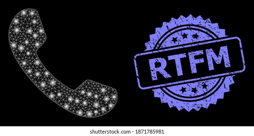 Bright mesh network phone with lightspots, and Rtfm scratched rosette stamp seal. Illuminated vector constellation created from phone icon. Blue stamp includes Rtfm tag inside rosette.