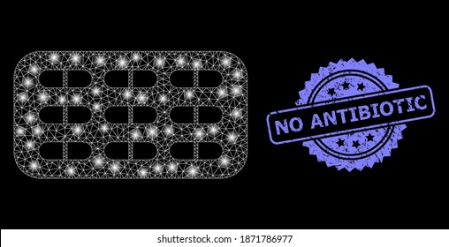 Blister de la red de malla brillante con focos de luz y sello de rosette no antibiótico impuro. Modelo vectorial iluminado creado a partir del icono del blister de la píldora.