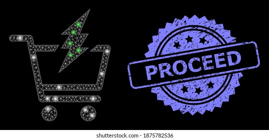Bright mesh network proceed purchase with lightspots, and Proceed dirty rosette seal print. Illuminated vector model created from proceed purchase icon. Blue seal has Proceed caption inside rosette.
