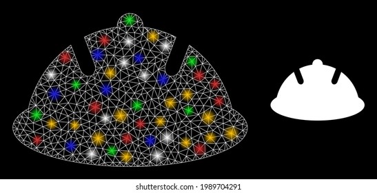 Casco protector de red de malla brillante con nodos flash multicolores. Marco vectorial de constelación creado a partir del icono de casco protector. Casco protector de malla de marco de espuma, sobre un fondo negro.