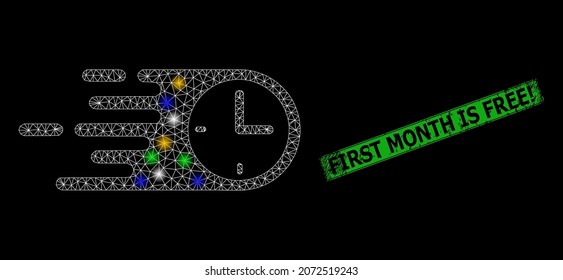 Bright mesh network quick time with vibrant bright dots, and grunge First Month Is Free seal. Green seal includes First Month Is Free tag inside framed rectangle.