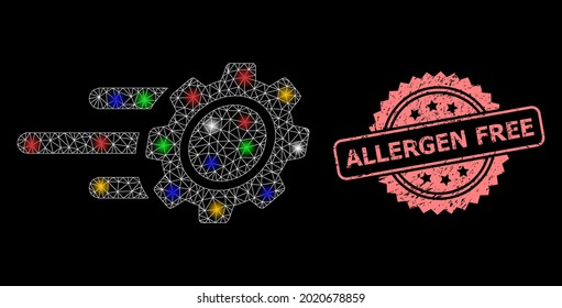Bright mesh network rush gear with flash nodes, and Allergen Free grunge rosette seal. Illuminated vector mesh created from rush gear icon. Pink seal contains Allergen Free caption inside rosette.