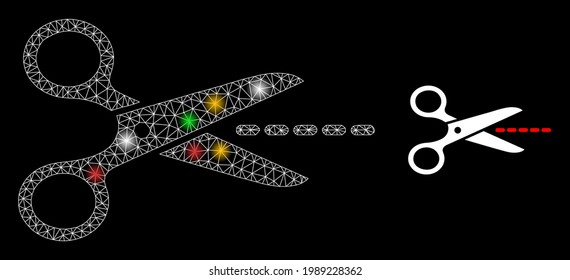Bright mesh network scissors line with colorful light spots. Constellation vector mesh created from scissors line icon. Sparkle constellation wired scissors line, on a black backgound.