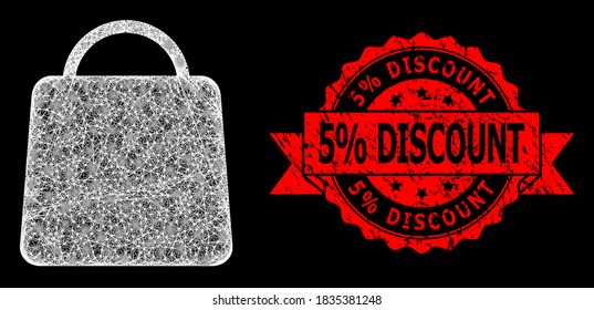 Bright mesh network shopping bag with glowing spots, and 5% Discount unclean ribbon stamp seal. Red stamp seal includes 5% Discount caption inside ribbon.