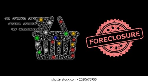 Bright mesh network shopping basket with bright dots, and Foreclosure textured rosette seal. Illuminated vector constellation created from shopping basket pictogram.