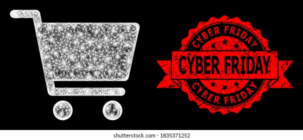 Bright mesh network shopping cart with light spots, and Cyber Friday corroded ribbon seal. Red stamp seal contains Cyber Friday tag inside ribbon.