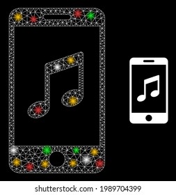 Bright mesh network smartphone music with colorful light spots. Illuminated vector mesh created from smartphone music symbol. Sparkle frame mesh smartphone music, on a black backgound.