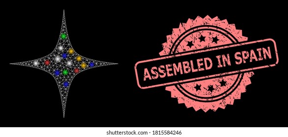 Bright mesh network space star with bright dots, and Assembled in Spain rubber rosette seal imitation. Illuminated vector mesh created from space star symbol.