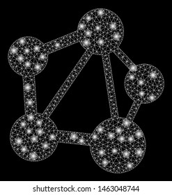 Bright mesh network with sparkle effect. Abstract illuminated model of network icon. Shiny wire carcass triangular mesh network. Vector abstraction on a black background.