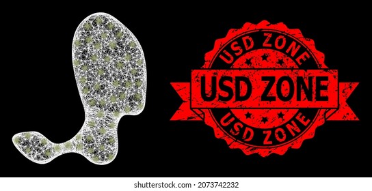 Bright mesh network spot with light spots, and USD Zone rubber ribbon stamp. Red stamp includes USD Zone tag inside ribbon. Illuminated vector model created from spot icon with white mesh.