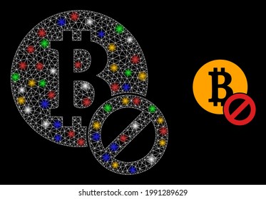 Bright mesh network stop bitcoin with colorful flash nodes. Constellation vector mesh created from stop bitcoin pictogram. Sparkle carcass mesh stop bitcoin, on a black backgound.