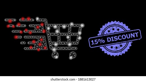 Bright mesh network supermarket cart with glowing spots, and 15 percent Discount dirty rosette stamp. Illuminated vector model created from supermarket cart icon.