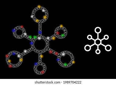 Bright mesh network system links with vibrant light dots. Illuminated vector mesh created from system links symbol. Sparkle carcass mesh system links, on a black backgound.