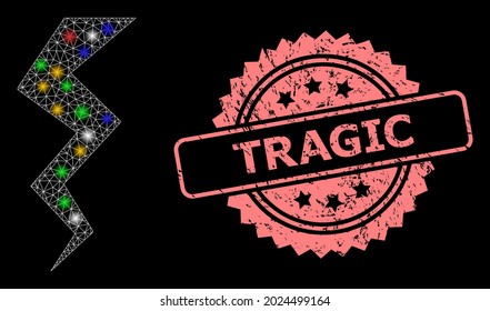 Bright mesh network thunder crack with light dots, and Tragic corroded rosette stamp seal. Illuminated vector structure created from thunder crack symbol.