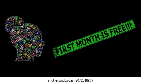 Bright mesh network time management with colorful bright dots, and grunge First Month Is Free stamp. Green stamp seal has First Month Is Free title inside framed rectangle.